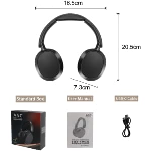 A pair of black ANC Bluetooth headphones with a sleek design, accompanied by a standard box, user manual, and USB-C cable.