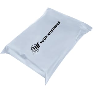 A self-sealing plastic mailing bag in a glossy silver finish, featuring a logo and space for business information.