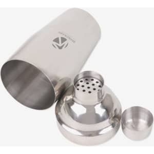 A drink bottle and shaker set made of stainless steel, featuring a strainer and a cap, with a logo on the side.