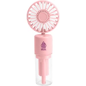 A pink neck spray fan with a circular fan head and a transparent water bottle base, featuring a logo.