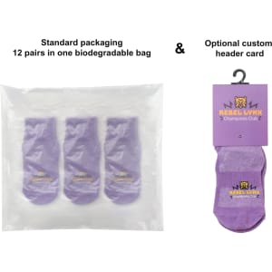 Three pairs of purple socks packaged in a biodegradable bag, featuring an optional custom header card.