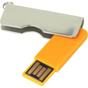 An orange and silver swivel USB flash drive with a metal casing and a removable cap.