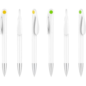 A collection of six creamy white pens with coloured clips in yellow and green, featuring silver accents and a logo.