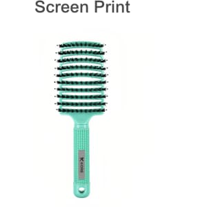 A teal detangler bristle hairbrush with a textured handle and a logo on the side.