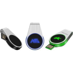 A collection of three swivel flash drives in silver, black, and green, each featuring a logo and LED light.