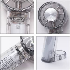 A transparent cooling fan with a sleek design, featuring a circular grille and a removable base.
