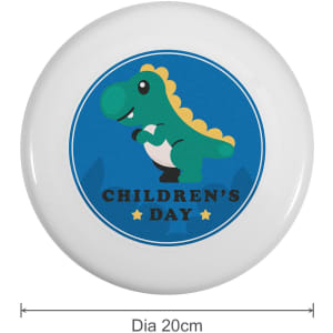 A white frisbee featuring a green dinosaur design on a blue background, labelled with "Children's Day." Diameter is 20 cm.