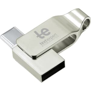 A silver Pivot Duo Type-C flash drive featuring a swivel design and a logo.