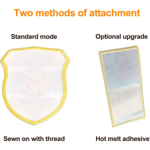 A custom woven patch featuring a shield shape with yellow trim and two attachment methods: sewn on and adhesive.