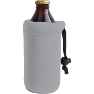 A drink bottle holder in light grey, featuring a drawstring closure and a logo on the side.