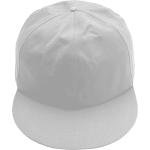 A giant white baseball cap with a flat brim and a rounded crown, featuring a logo.