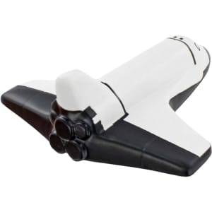 A white and black shuttle-shaped stress reliever with a logo, designed for stress relief and fun.
