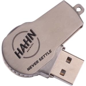 A silver USB flash drive with a metallic finish and a logo, featuring a swivel design for easy access.