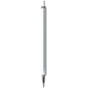 A white pen with a ruler printed on the barrel and a silver clip. It features a branding logo.
