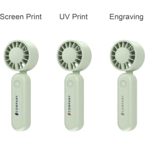 A foldable handheld fan in light green with three branding options: screen print, UV print, and engraving.