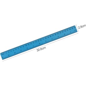 A blue dual scale ruler, measuring 30.6 cm in length and 2.8 cm in width, featuring a logo.