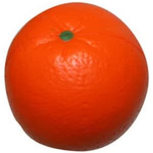 An orange stress reliever shaped like a fruit, featuring a textured surface and a small green stem.