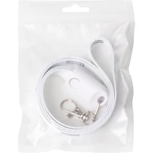 A white polyester lanyard charging cable packaged in a clear plastic bag with a silver clip and a logo.