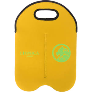 A drink bottle cooler in bright yellow, featuring a black trim and a logo on the front. Twins bottle design.