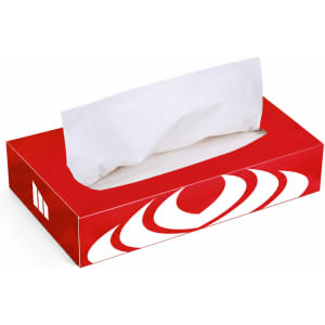 A red tissue box with a white top, featuring a brand logo design. Perfect for home or living spaces.
