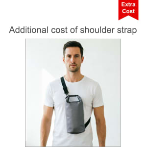 A man wearing a grey Oxford cloth dry bag across his body, with a shoulder strap attached.