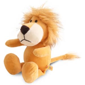 A soft, golden lion plush toy with a fluffy mane, sitting upright with a tag.