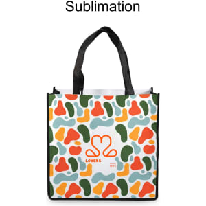 A vibrant tote bag featuring an abstract pattern in green, orange, and blue, with black handles and a logo.