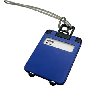 A blue ABS luggage tag with a transparent section for inserting a name label, featuring a loop attachment.