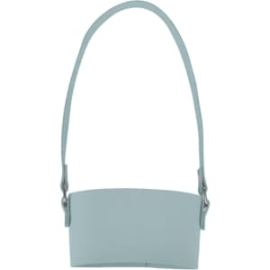 A drink bottle holder in a light blue colour with a long strap and metallic accents. It features a branding logo.