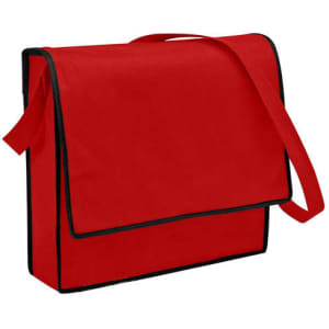 A red non-woven sling bag with a flap and black trim, featuring an adjustable shoulder strap.