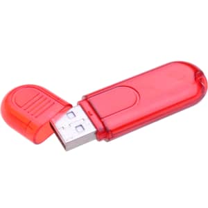 A red USB flash drive with a removable cap. It has a sleek design and features a logo.