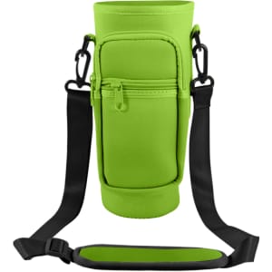 A drink bottle carrier bag in bright green with a phone pocket and adjustable strap. It features a logo on the front.