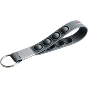 A grey Popper Stress Reliever Keyring featuring multiple push buttons and a metal keyring attachment.