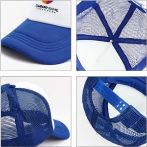 A blue trucker cap featuring a white front panel, mesh back, and an adjustable strap. It includes a logo.