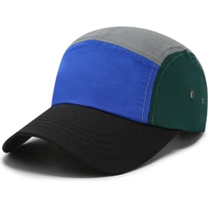 A multi-coloured lightweight 5 panel flat bill cap with grey, blue, green, and black sections and a logo.
