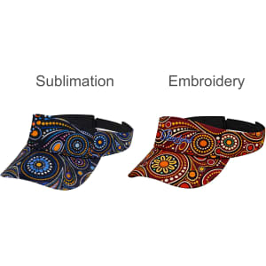 Two visors are displayed: one in blue with a sublimation pattern and the other in red with an embroidered design. Both feature a logo.