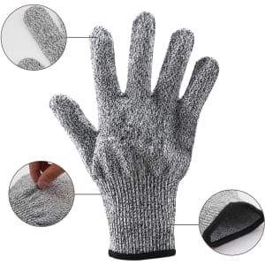 A pair of cut resistant gloves in grey, featuring a textured surface and a black cuff. The image includes close-up details.