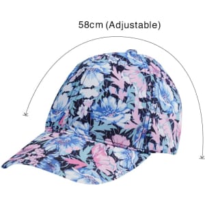 A floral-patterned six-panel custom cap in shades of blue and pink, featuring an adjustable fit.