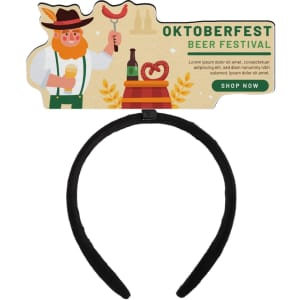 A black foam topper headband featuring a festive Oktoberfest design with character and food illustrations.