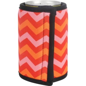 A drink bottle holder featuring a vibrant chevron pattern in red, orange, and pink, with black trim and a logo.