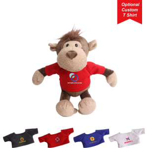 A plush monkey toy with a light brown body, brown face, and red T-shirt. Various T-shirt designs and colours displayed.