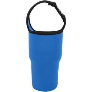 A blue tumbler carrier holder pouch with a black rim and adjustable strap. Features a logo.