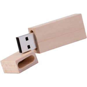 A rectangular wooden flash drive in a light wood finish, with a removable cap and a metal USB connector.