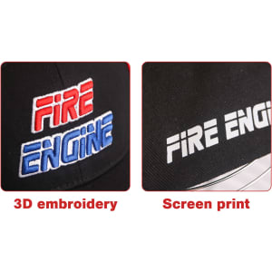 A black cap featuring 3D embroidery and screen print designs in red, blue, and white. It has a logo.