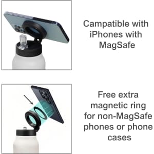 A drink bottle with a magnetic phone holder feature, designed in stainless steel, featuring a white finish.