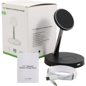 A black 2-in-1 wireless charger with a circular charging pad and a stand, accompanied by a charging cable and manual.