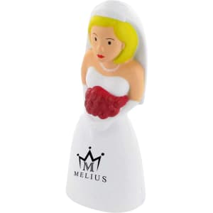A white stress reliever shaped like a bride in a wedding dress, featuring a logo on the base.