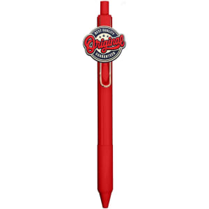 A red PVC pen featuring a clip and a logo at the top. The pen has a smooth, sleek design.