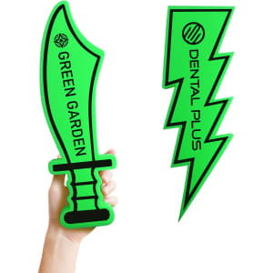 Two green foam cheer sticks in the shapes of a sword and a lightning bolt, held in a hand.