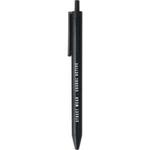 A black ballpoint pen with a clip and a logo, featuring a sleek design suitable for promotional use.
